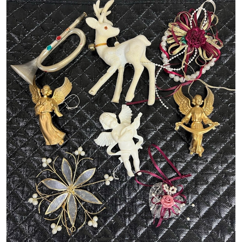 8 Vtg Pearl Cream Gold Burgundy Deer‎ Victorian Style Christmas Ornaments READ